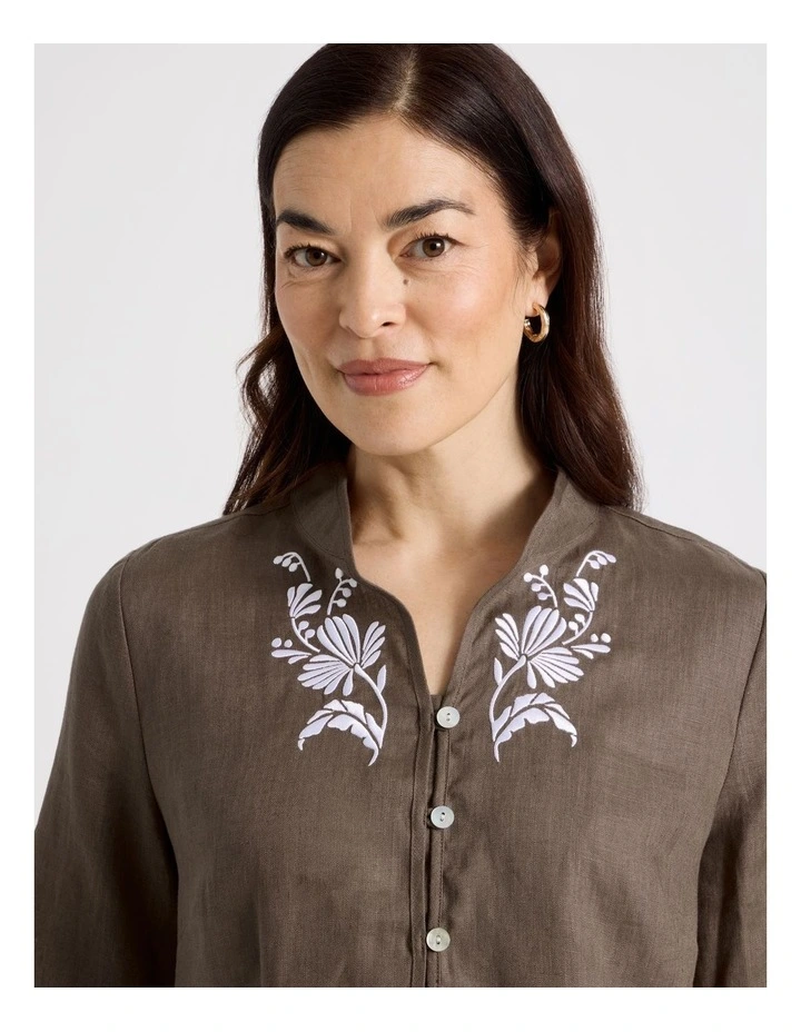 Stand Collar 3/4 Sleeve Shirt With Embroidery in Chocolate image 4