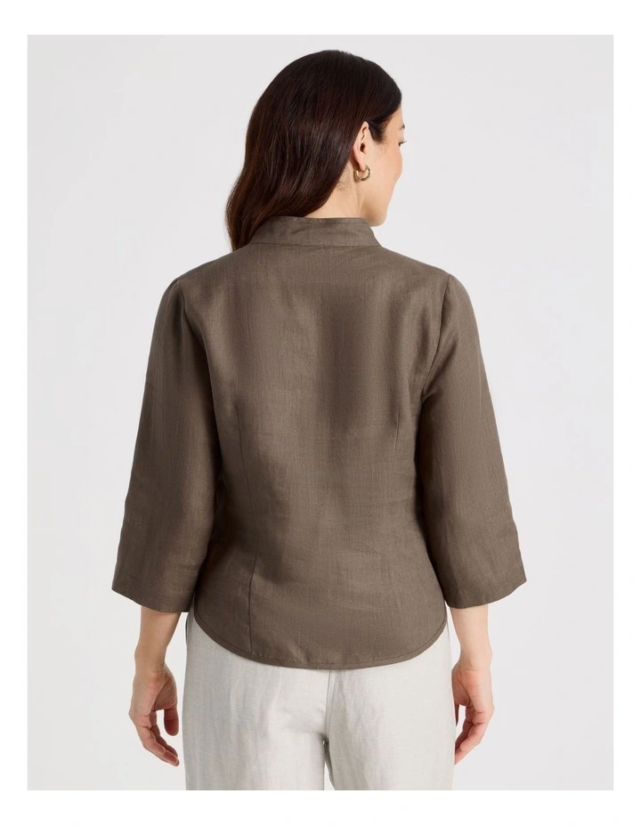 Stand Collar 3/4 Sleeve Shirt With Embroidery in Chocolate image 5