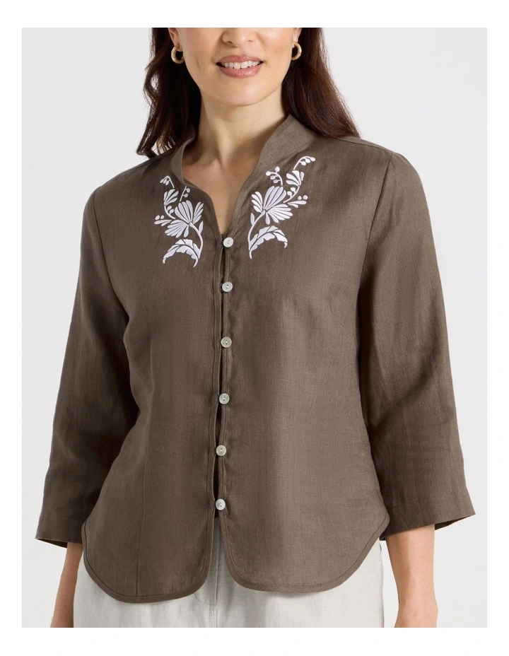 Stand Collar 3/4 Sleeve Shirt With Embroidery in Chocolate image 6