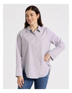 Long Sleeve Button Up Shirt With Forward Seams in Chocolate/White