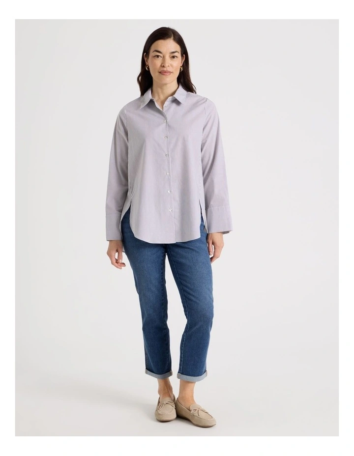 Long Sleeve Button Up Shirt With Forward Seams in Chocolate/White image 2