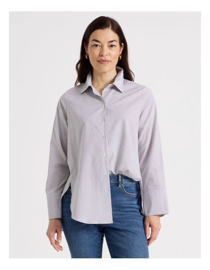 Long Sleeve Button Up Shirt With Forward Seams in Chocolate/White image 4