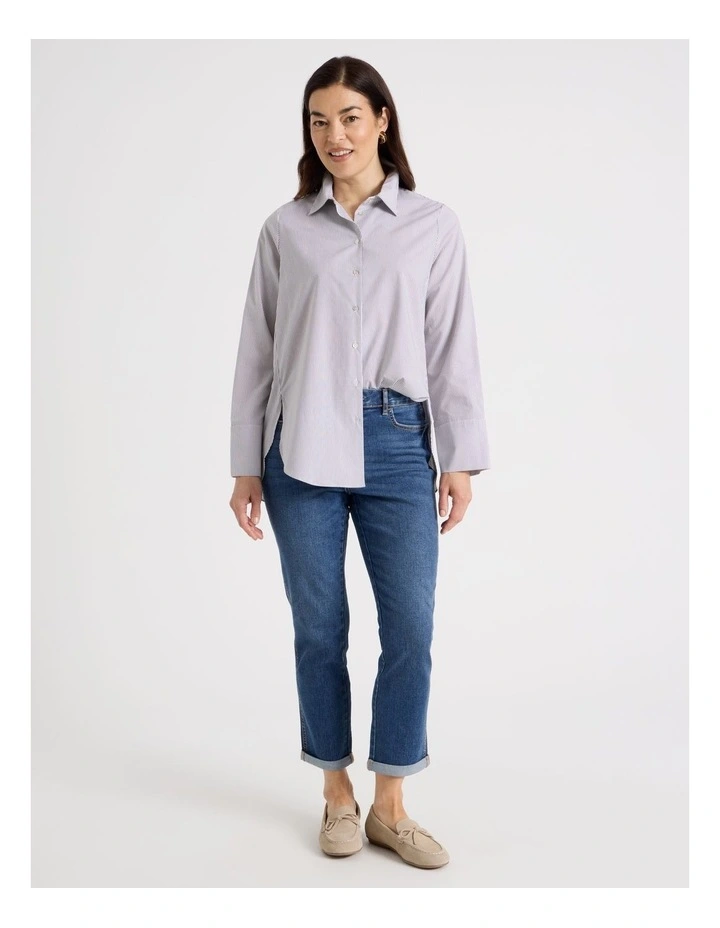 Long Sleeve Button Up Shirt With Forward Seams in Chocolate/White image 5