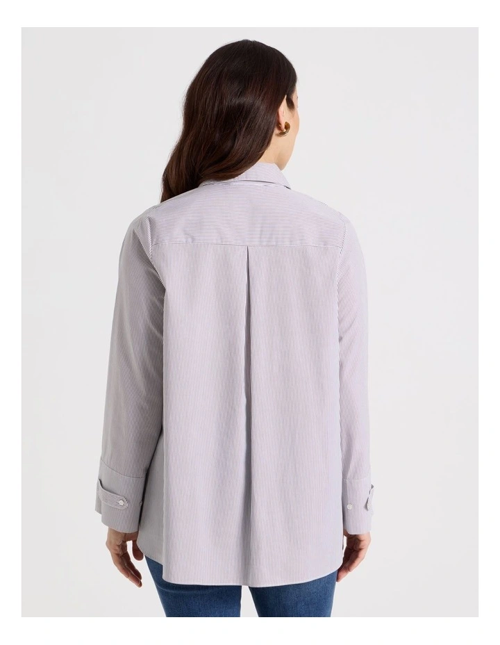 Long Sleeve Button Up Shirt With Forward Seams in Chocolate/White image 6