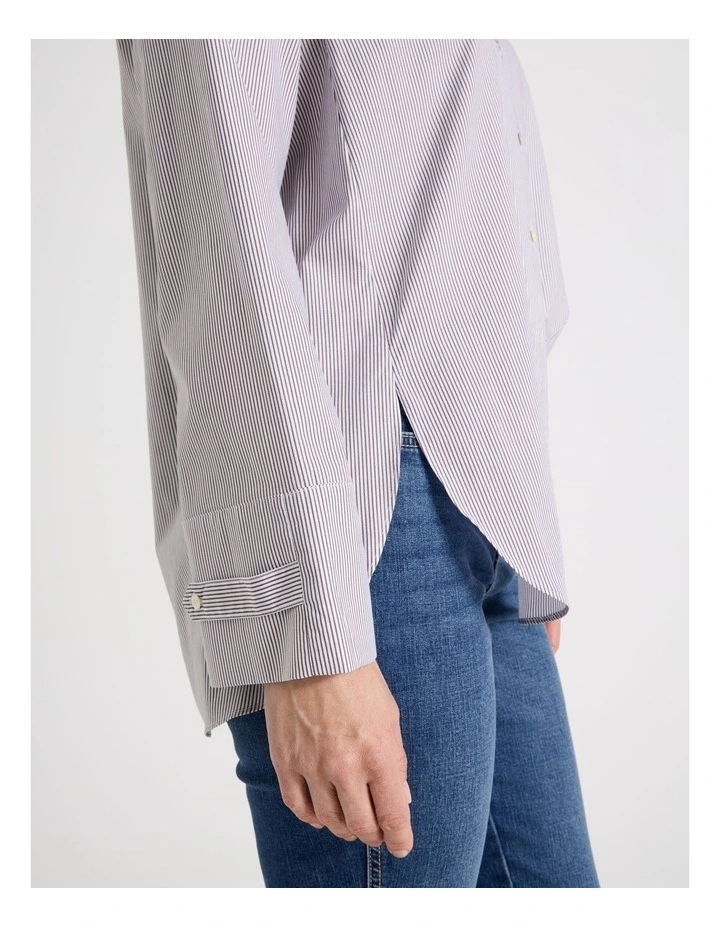 Long Sleeve Button Up Shirt With Forward Seams in Chocolate/White image 7
