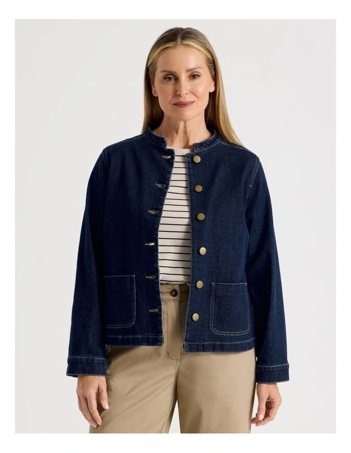 Stand Collar Denim Jacket in Indigo image 2