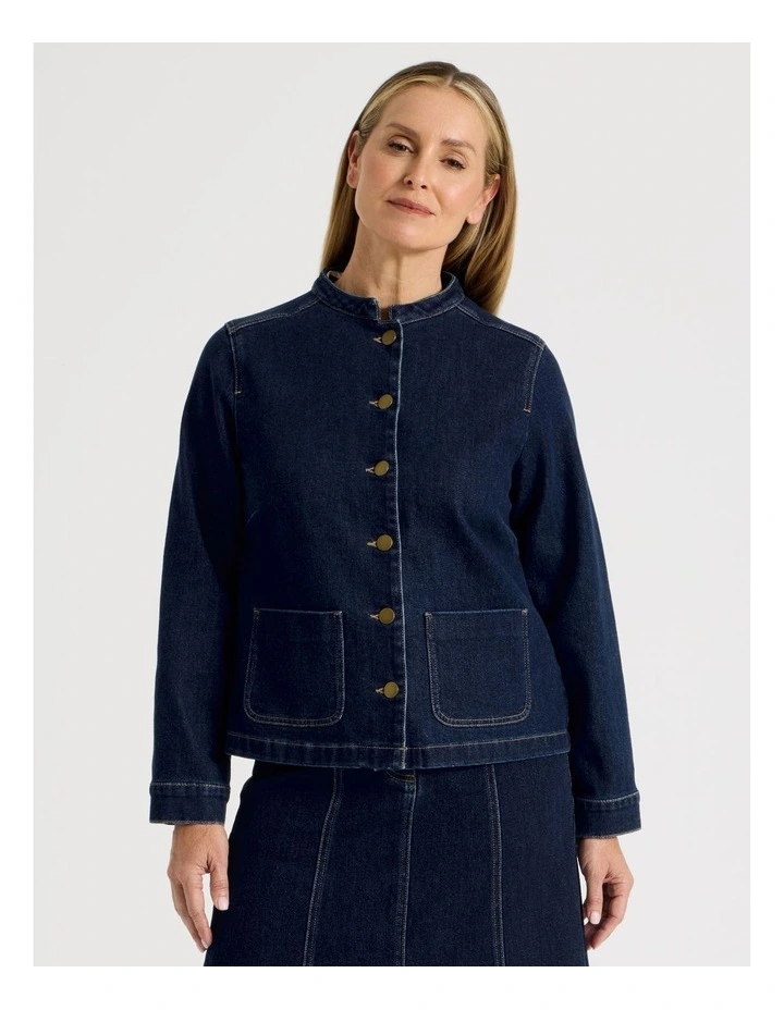 Stand Collar Denim Jacket in Indigo image 5