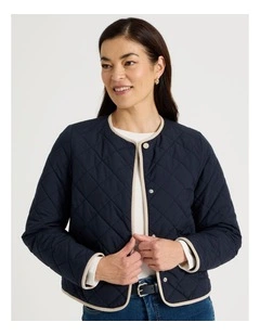 Short Collarless Puffer Jacket With Cord Trim in Navy
