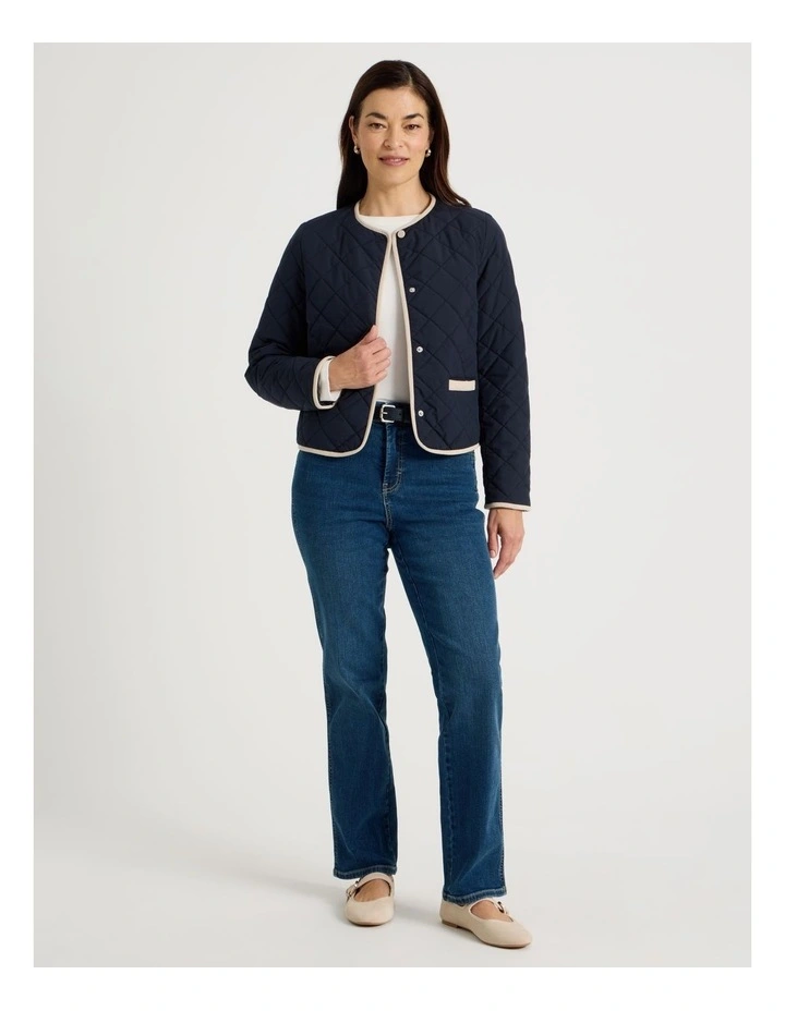 Short Collarless Puffer Jacket With Cord Trim in Navy image 2