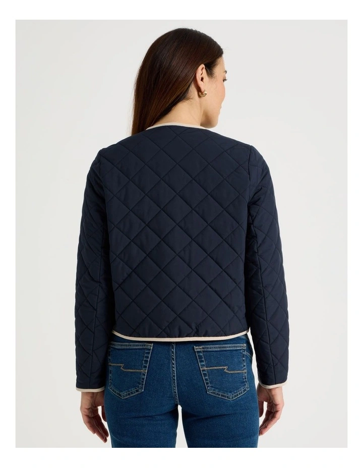 Short Collarless Puffer Jacket With Cord Trim in Navy image 6