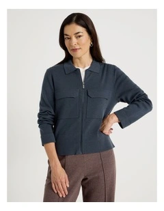 Zip Up Knitted Jacket With Collar in Carbon Blue