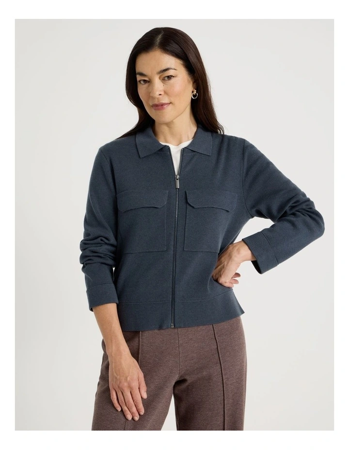 Zip Up Knitted Jacket With Collar in Carbon Blue image 1