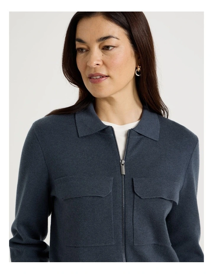 Zip Up Knitted Jacket With Collar in Carbon Blue image 2