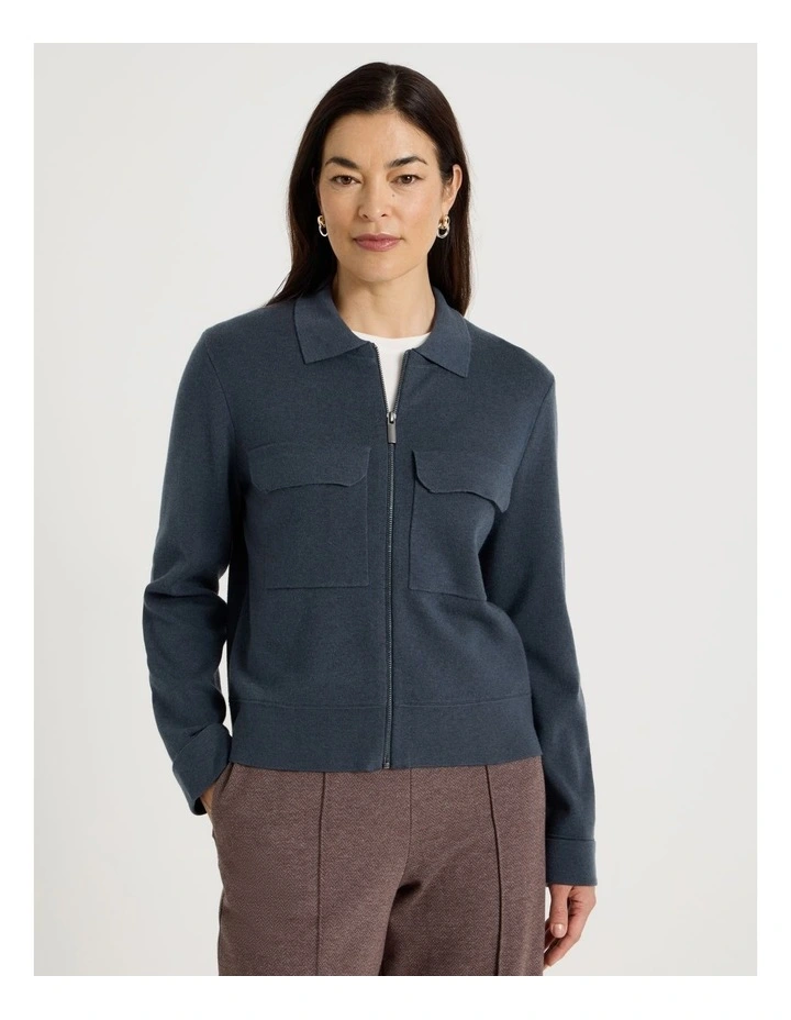 Zip Up Knitted Jacket With Collar in Carbon Blue image 4