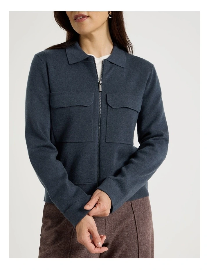Zip Up Knitted Jacket With Collar in Carbon Blue image 5
