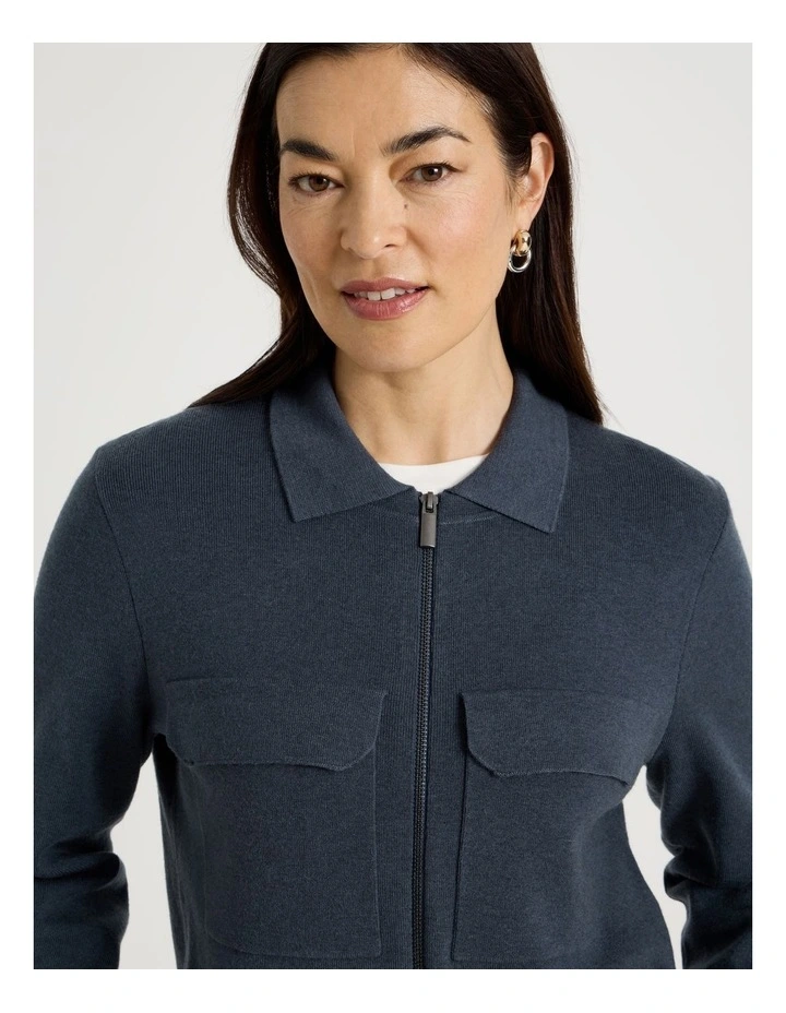 Zip Up Knitted Jacket With Collar in Carbon Blue image 7
