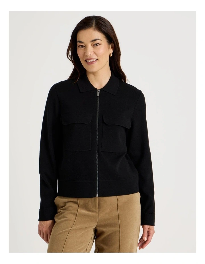 Zip Up Knitted Jacket With Collar in Black image 1