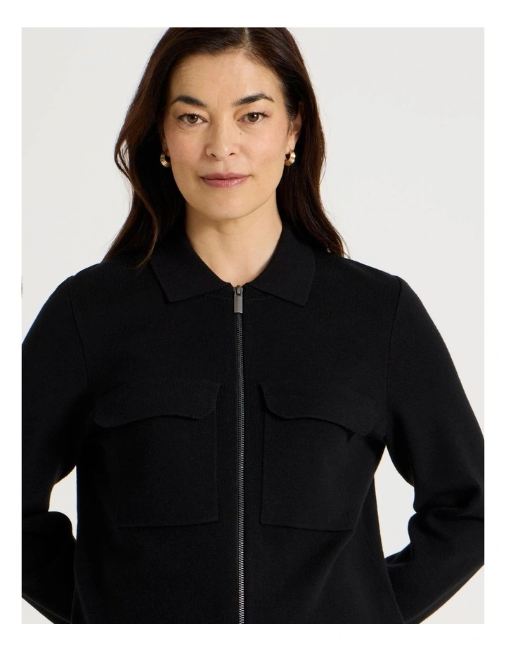 Zip Up Knitted Jacket With Collar in Black image 2