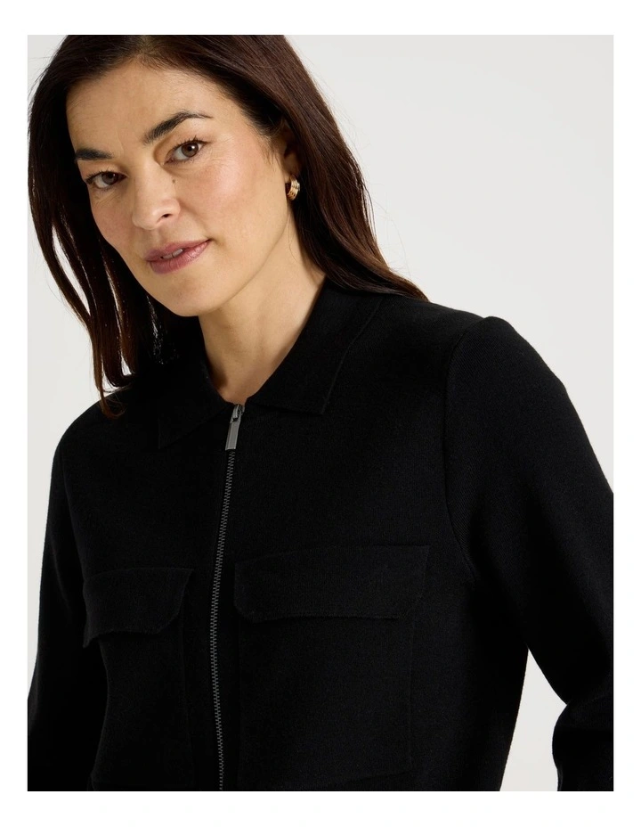 Zip Up Knitted Jacket With Collar in Black image 5