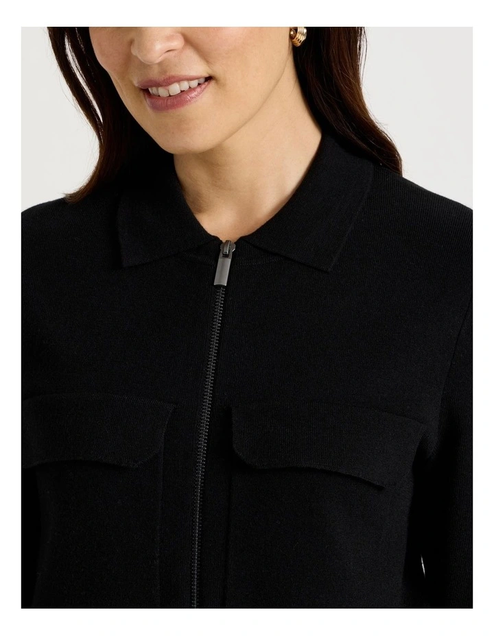 Zip Up Knitted Jacket With Collar in Black image 7