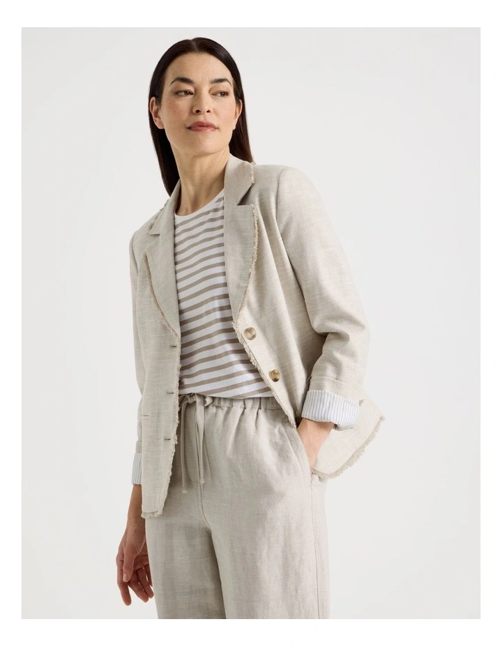 Lined Long Sleeve Linen Blazer With Fringing in Oat image 1