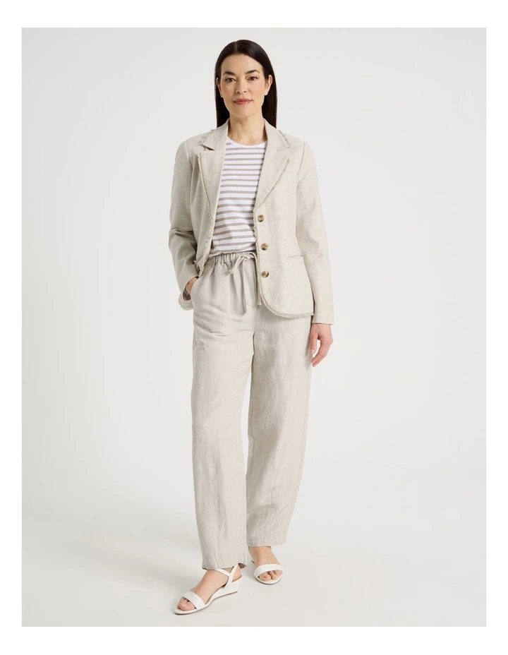 Lined Long Sleeve Linen Blazer With Fringing in Oat image 2