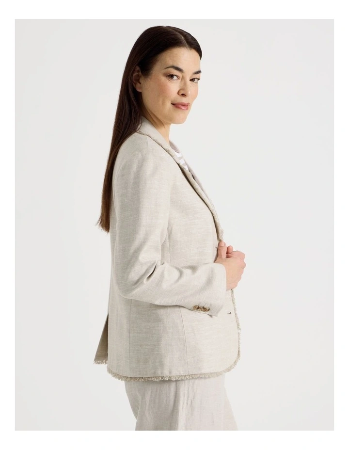 Lined Long Sleeve Linen Blazer With Fringing in Oat image 3