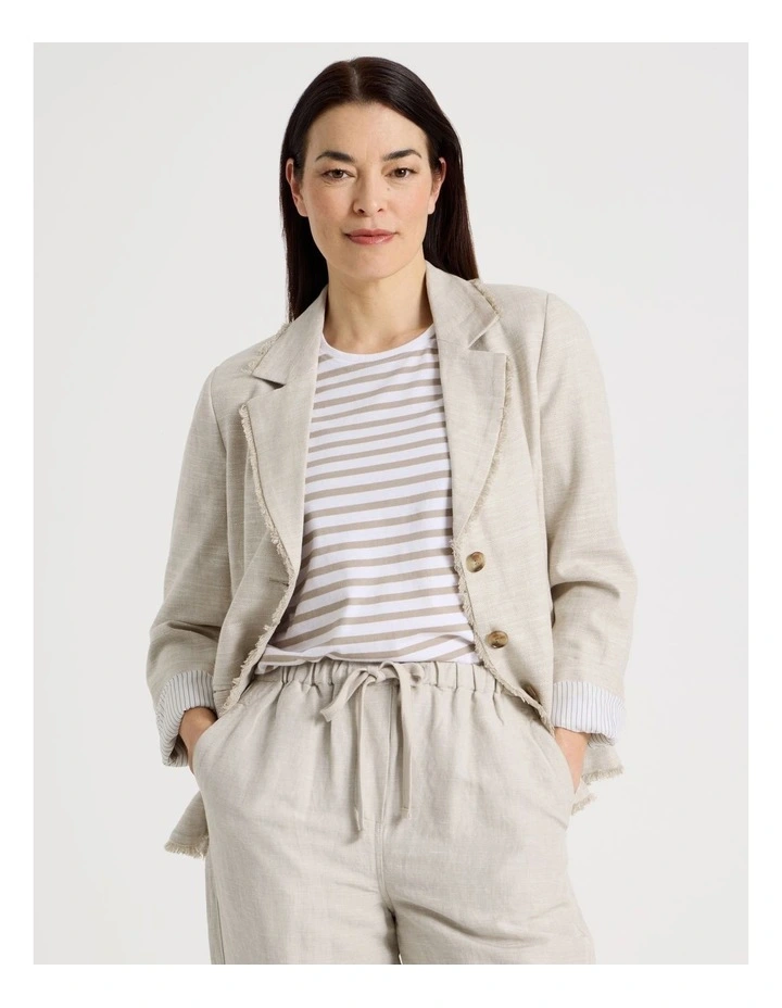 Lined Long Sleeve Linen Blazer With Fringing in Oat image 4