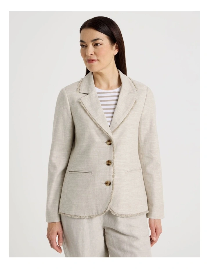 Lined Long Sleeve Linen Blazer With Fringing in Oat image 5