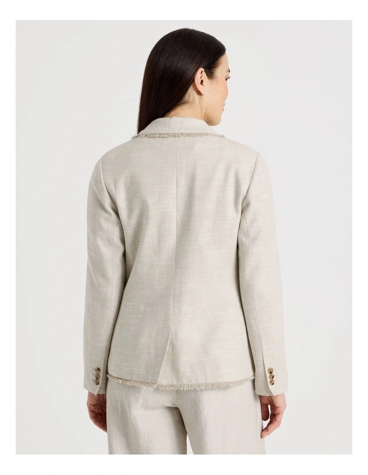Lined Long Sleeve Linen Blazer With Fringing in Oat image 6