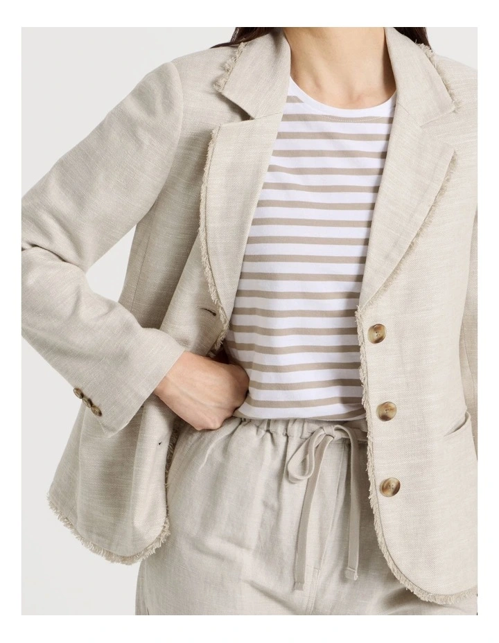 Lined Long Sleeve Linen Blazer With Fringing in Oat image 7