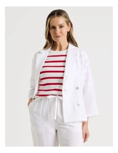Unlined Linen 3/4 Sleeve Double Breasted Jacket in White