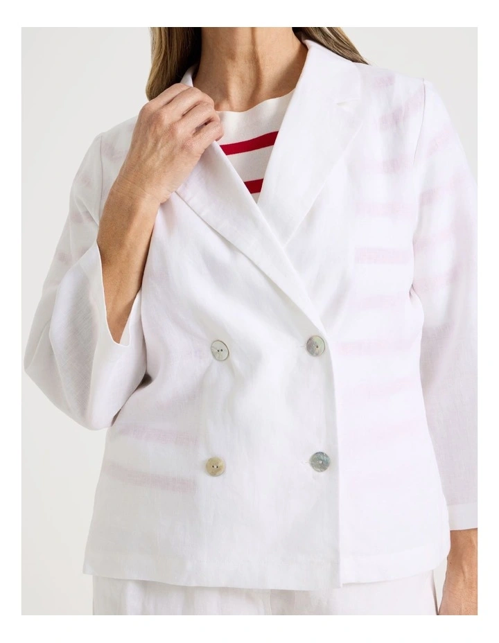 Unlined Linen 3/4 Sleeve Double Breasted Jacket in White image 3