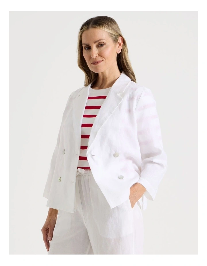Unlined Linen 3/4 Sleeve Double Breasted Jacket in White image 5