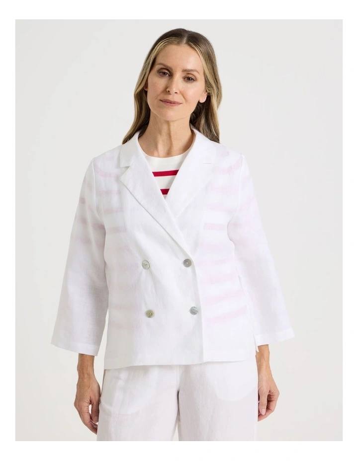 Unlined Linen 3/4 Sleeve Double Breasted Jacket in White image 7