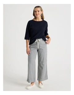 Elastic Waist Ticking Stripe Straight Leg Pant in Navy/White