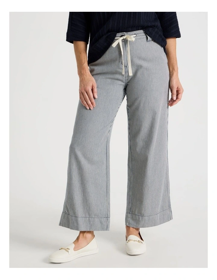 Elastic Waist Ticking Stripe Straight Leg Pant in Navy/White image 2