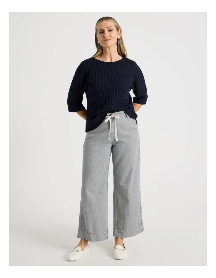Elastic Waist Ticking Stripe Straight Leg Pant in Navy/White image 3