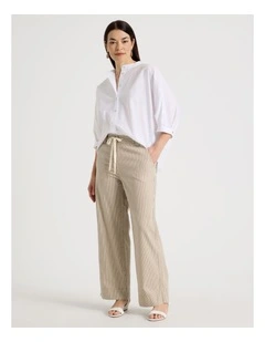 Elastic Waist Ticking Stripe Straight Leg Pant in Neutral/White