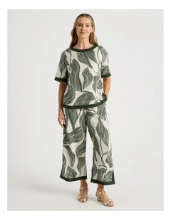 Wide Leg Crop Linen Blend Pant With Solid Contrasts in Neutral/Olive Print