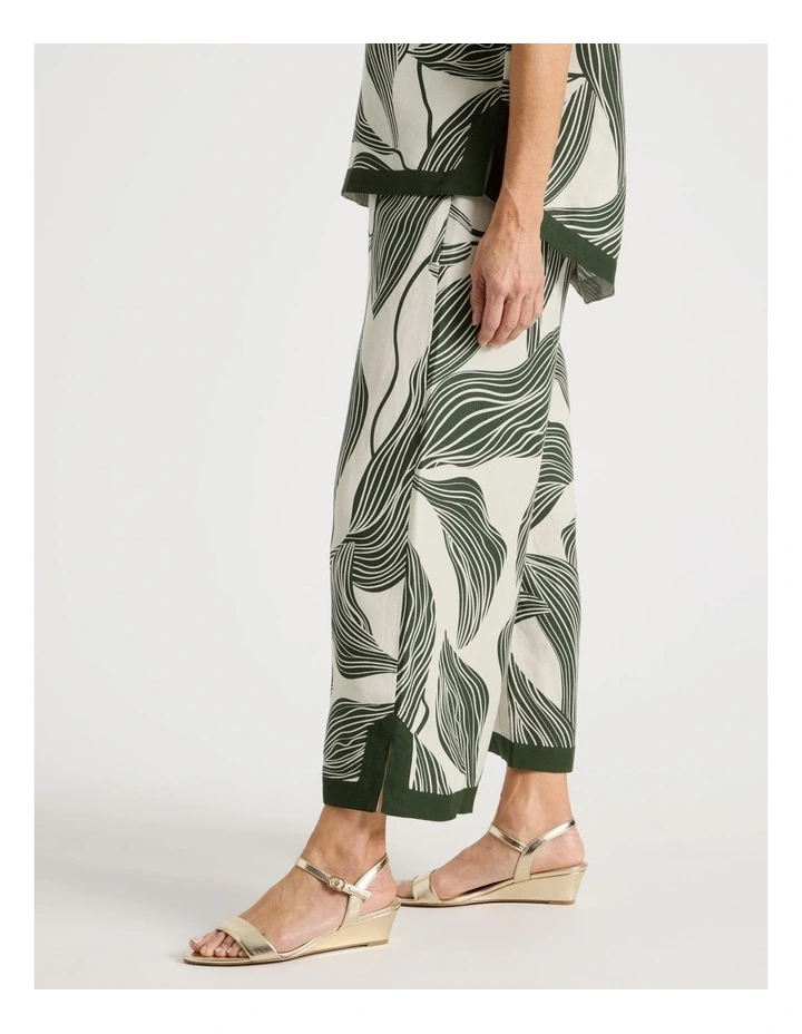 Wide Leg Crop Linen Blend Pant With Solid Contrasts in Neutral/Olive Print image 2