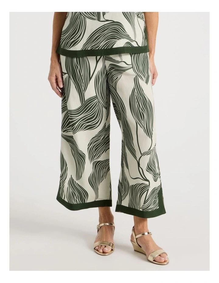 Wide Leg Crop Linen Blend Pant With Solid Contrasts in Neutral/Olive Print image 3