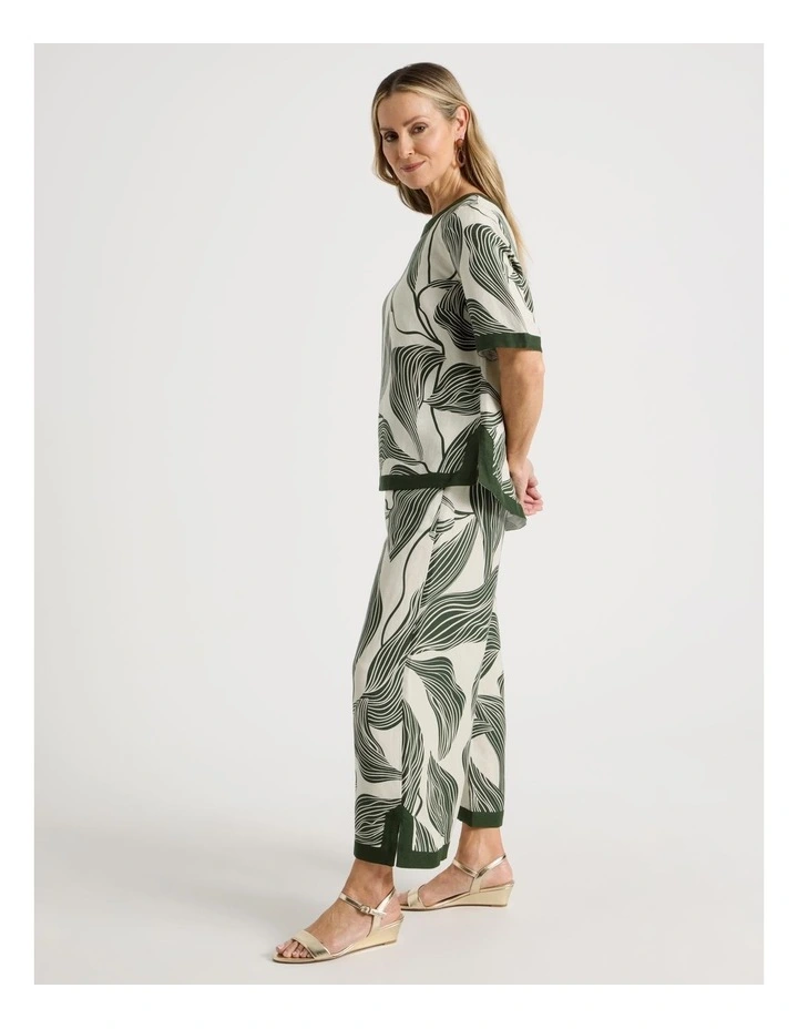 Wide Leg Crop Linen Blend Pant With Solid Contrasts in Neutral/Olive Print image 4