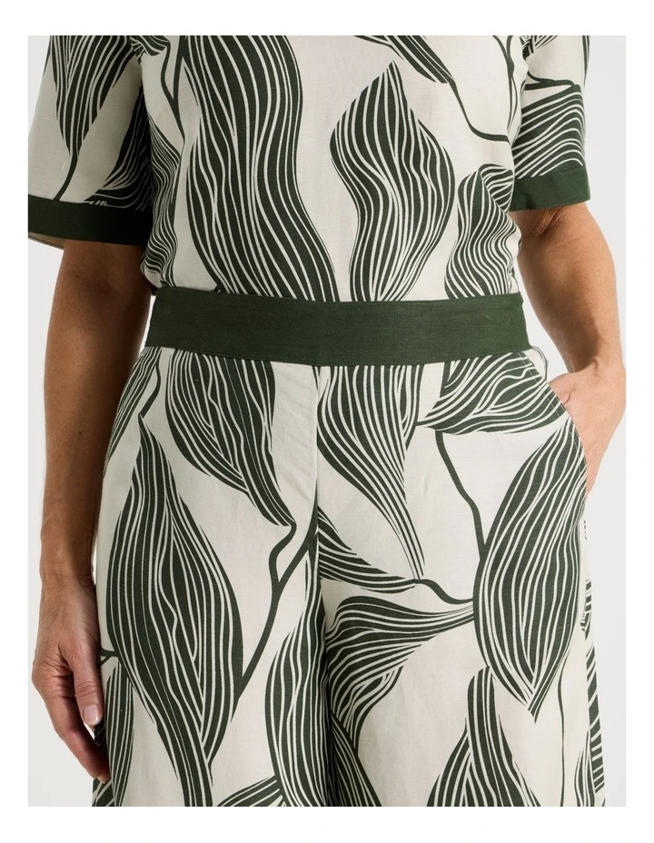 Wide Leg Crop Linen Blend Pant With Solid Contrasts in Neutral/Olive Print image 5