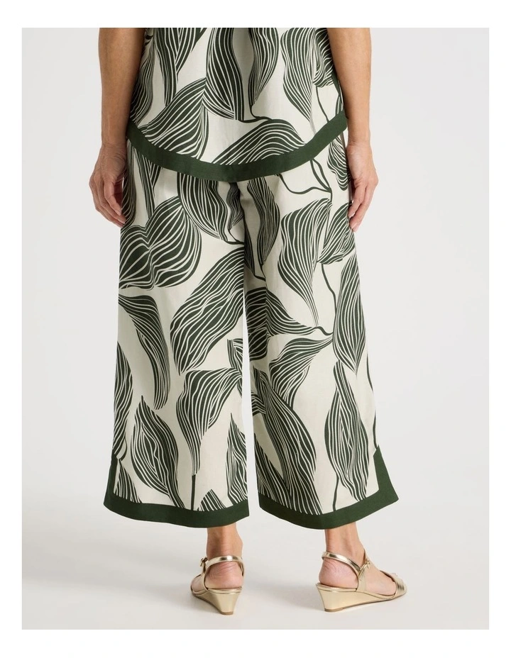 Wide Leg Crop Linen Blend Pant With Solid Contrasts in Neutral/Olive Print image 6