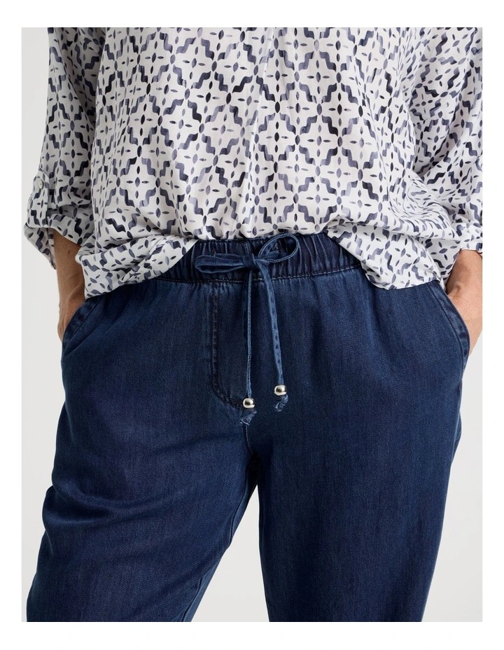 Elastic Waist Tapered Light Weight Denim Pant in Dark Wash image 2