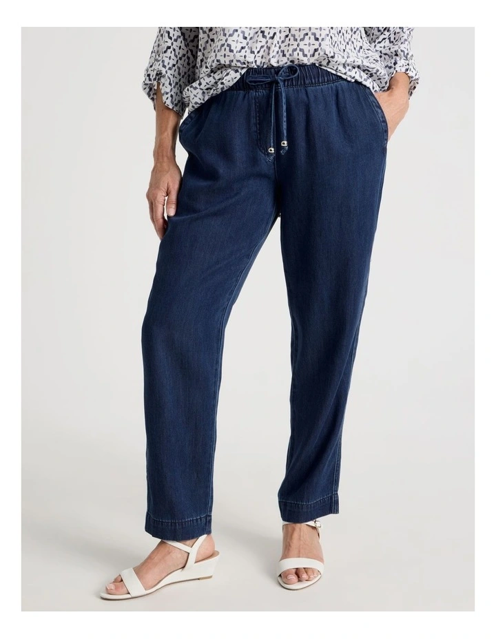 Elastic Waist Tapered Light Weight Denim Pant in Dark Wash image 3
