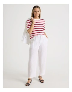 Elastic Waist Linen Blend Pant in White