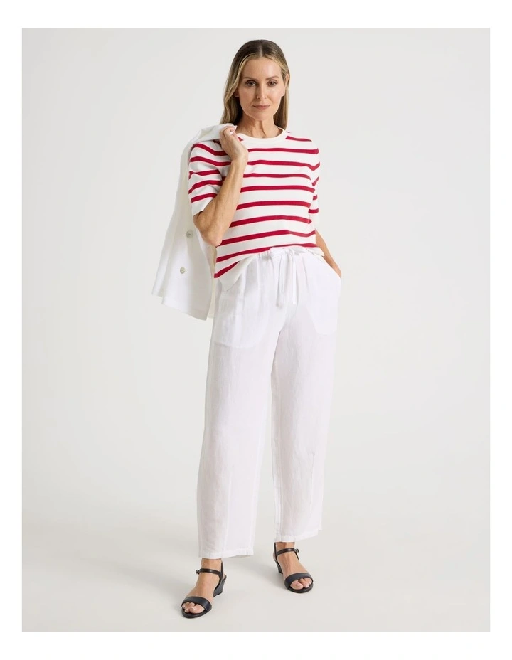 Elastic Waist Linen Blend Pant in White image 1