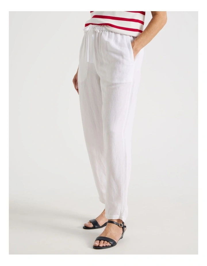 Elastic Waist Linen Blend Pant in White image 2